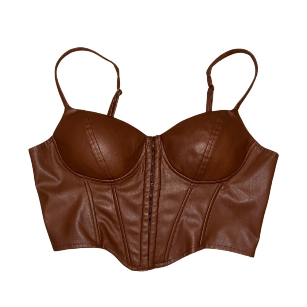 Brown Faux Leather Cropped Corset - Size XL